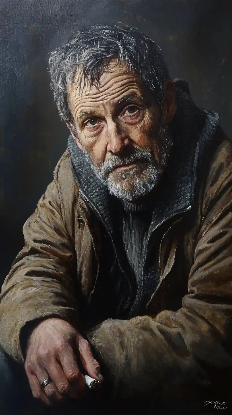 Weary old man with cigarette in dramatic painted portrait