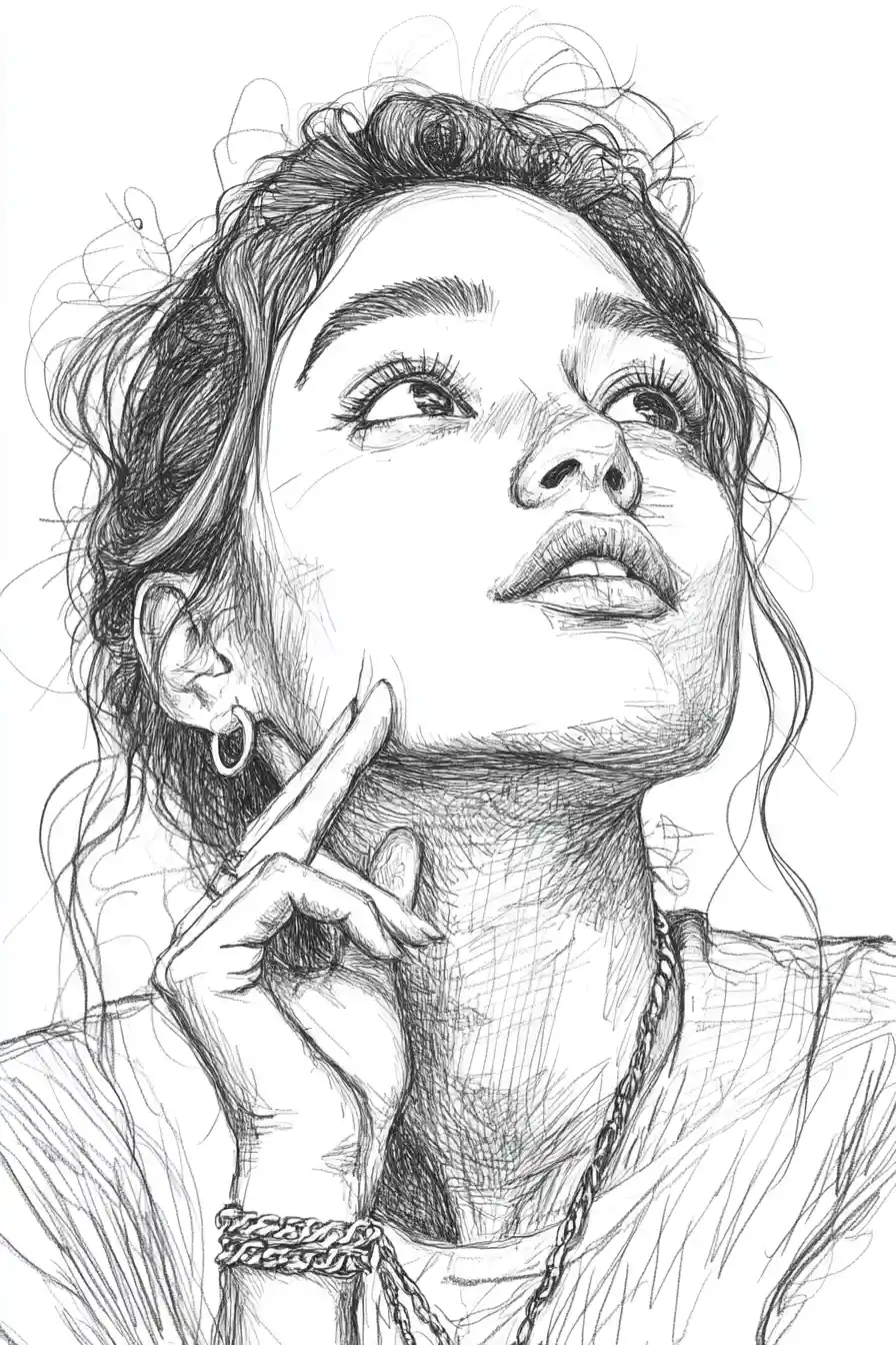 Ink portrait of a pensive girl with hand to her lips