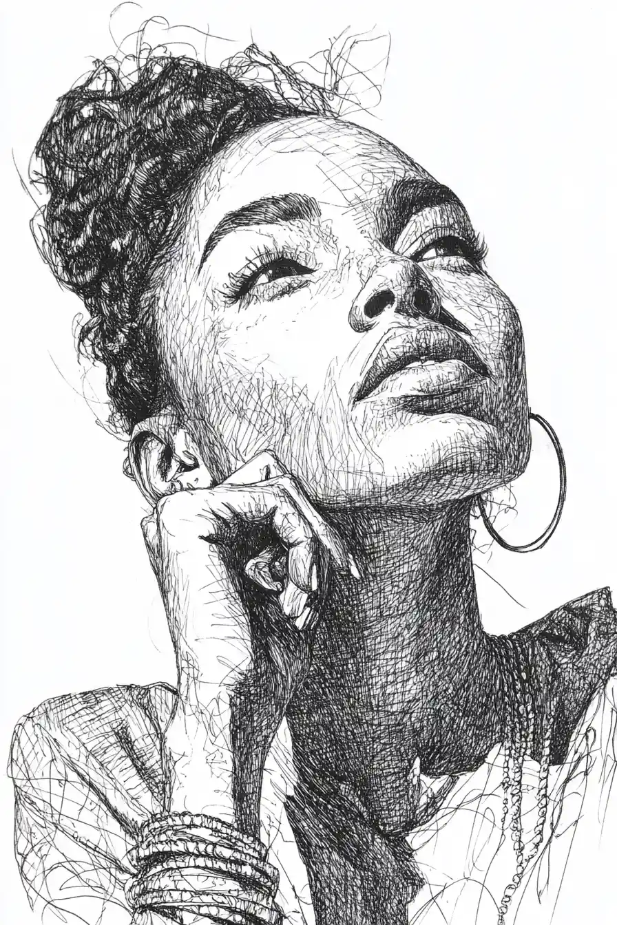 Ink portrait of a pensive girl with hand to her lips