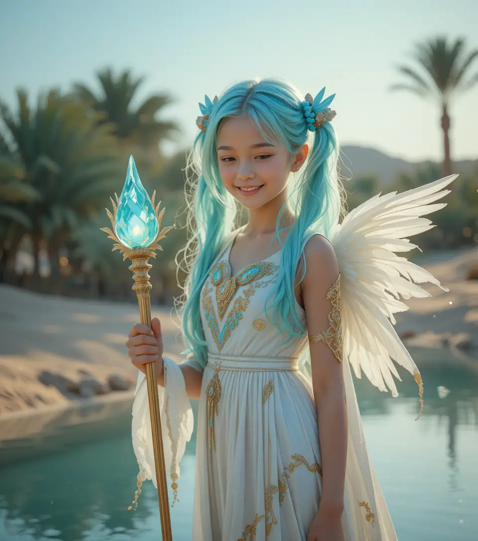Blue haired winged girl by a glowing desert oasis