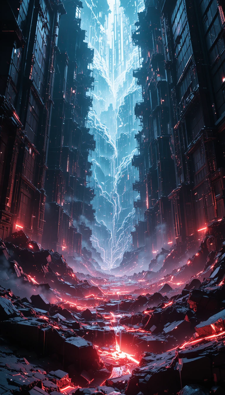 Earthquake shattering a simulated city and digital reality