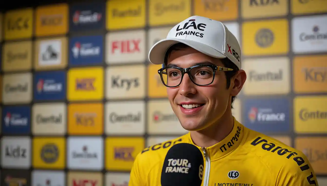 Cyclist in yellow jersey speaking at Tour de France interview