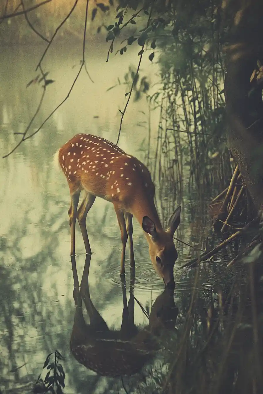 Deer drinking by a quiet riverside at misty dawn