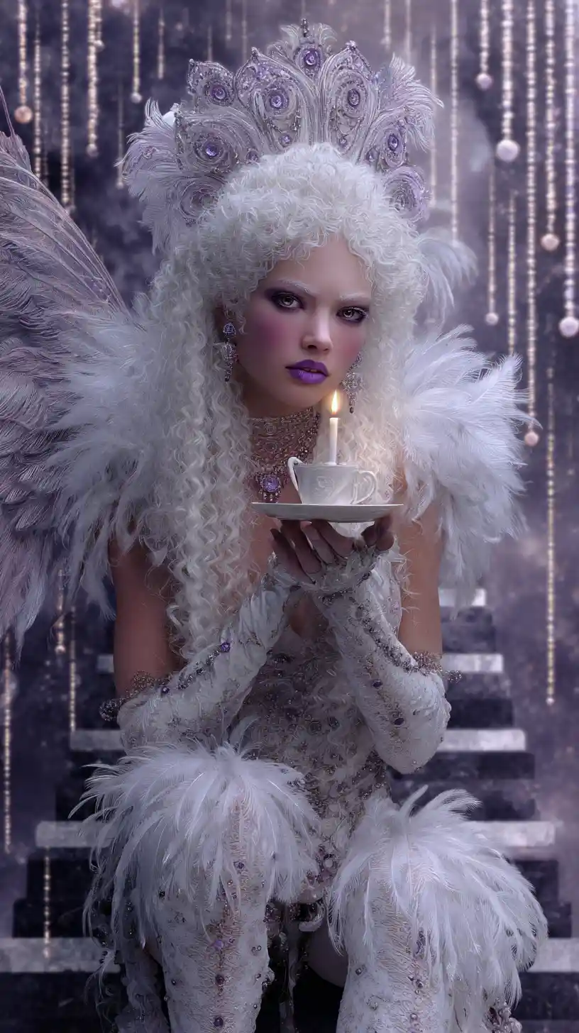 Whimsical fairy with jeweled wings holding a glowing candle
