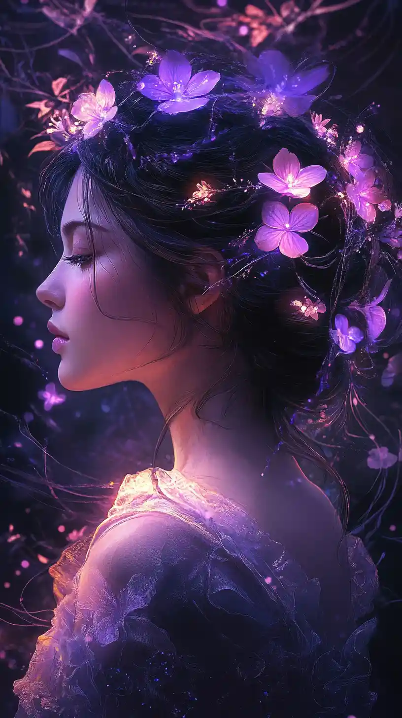 Serene floral profile of a glowing fantasy girl