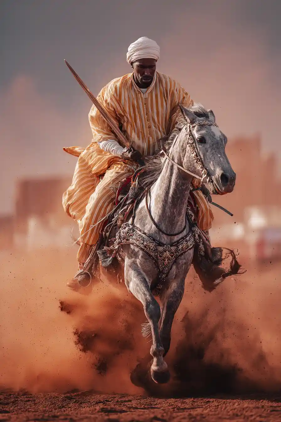 Moroccan rider on rearing horse in dramatic dust and sunlight