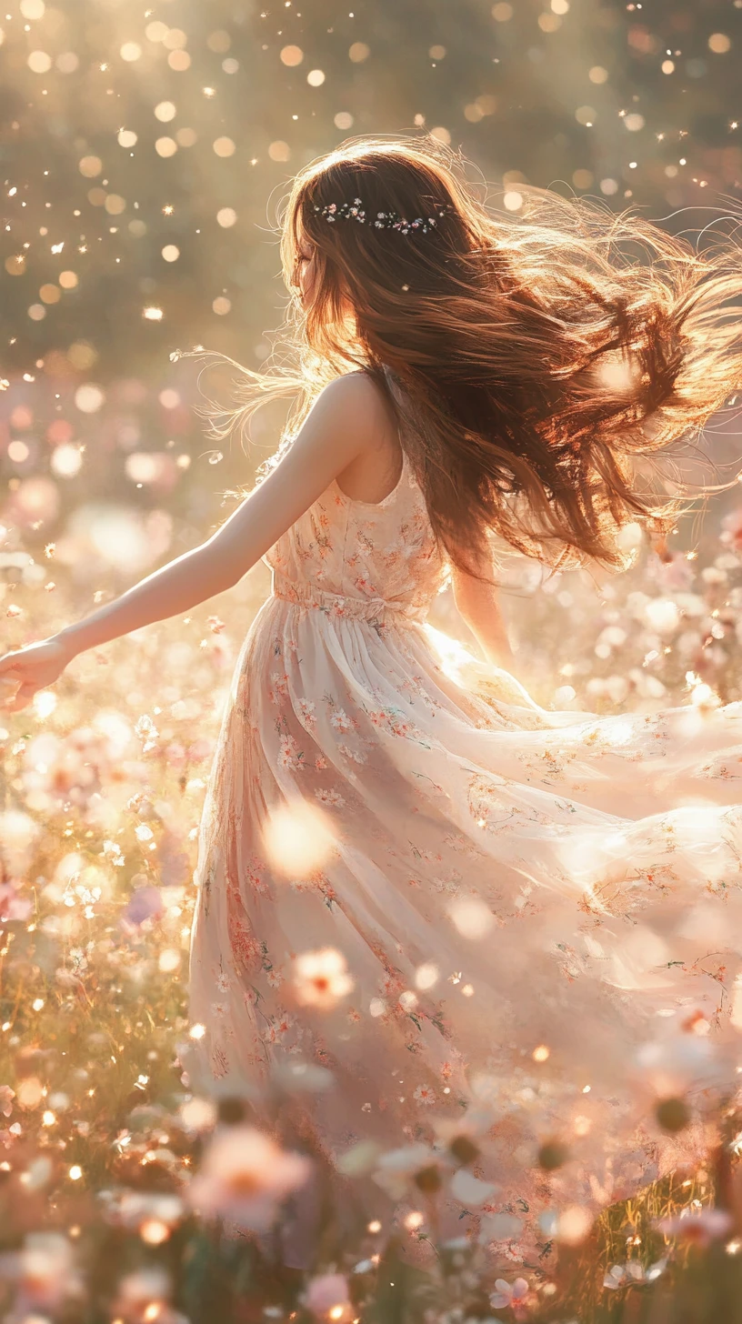 Anime girl twirling in a sunlit meadow of pink flowers