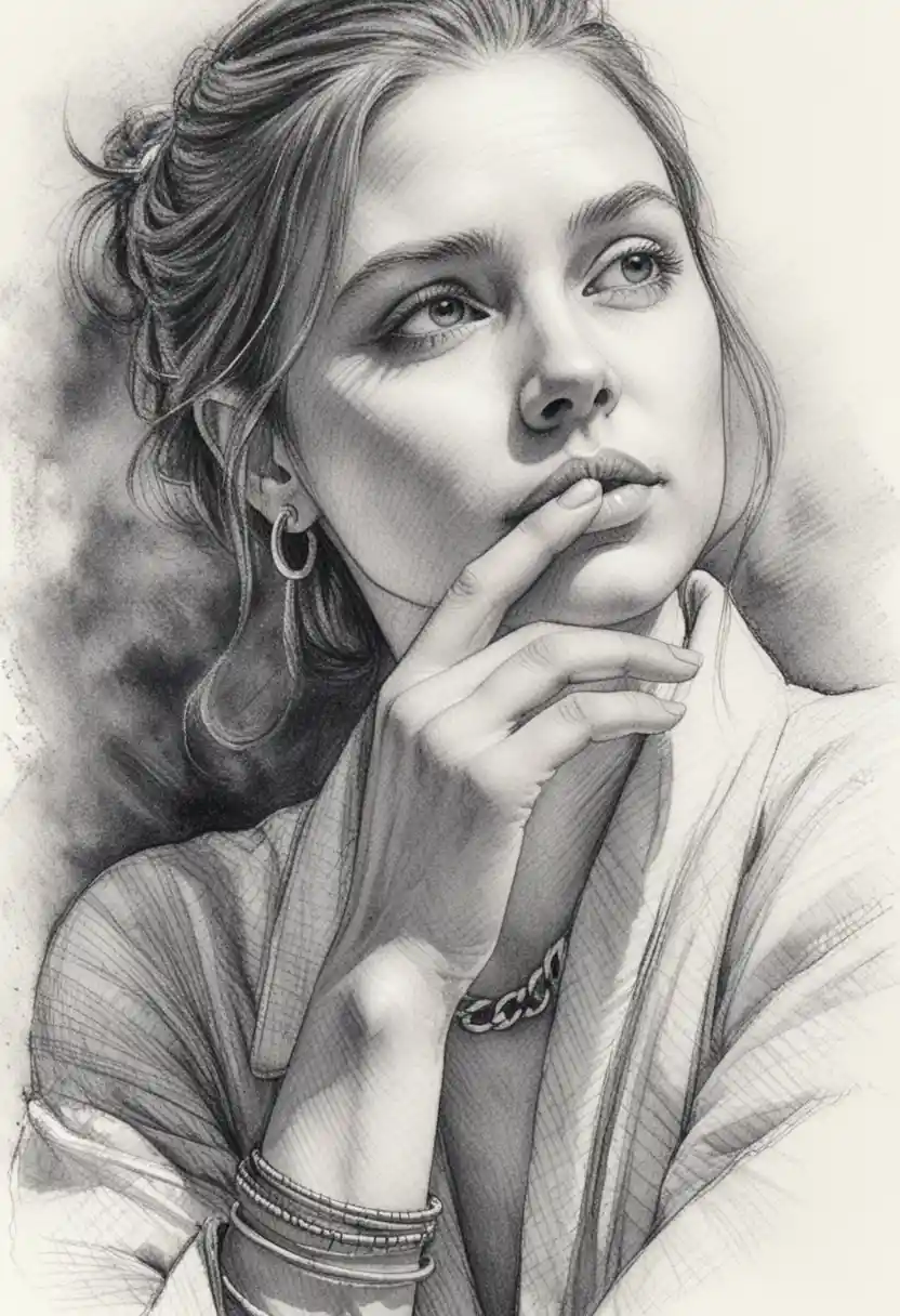 Thoughtful ink portrait of a woman with hand to her lips