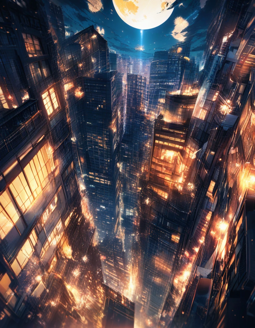 Anime girl watching a giant moon crash through rooftop