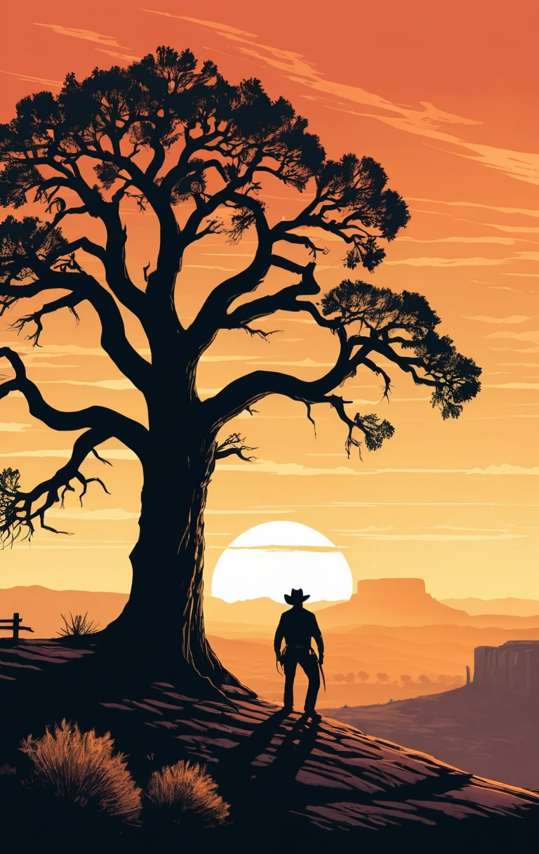 Silueta de Vaquero en una Colina al Atardecer con Árbol Solitario