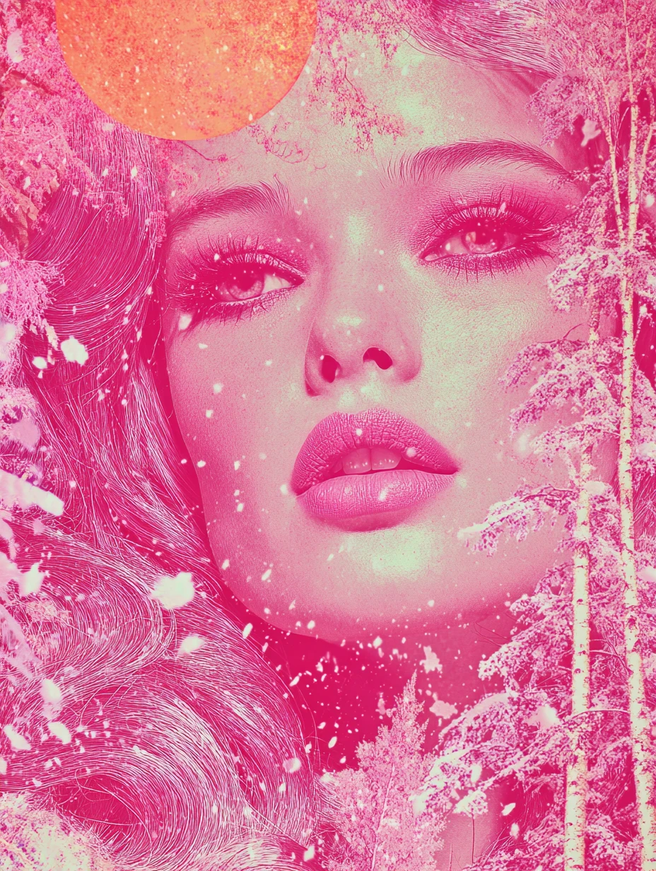 Surreal woman portrait with petals and glowing pink sun