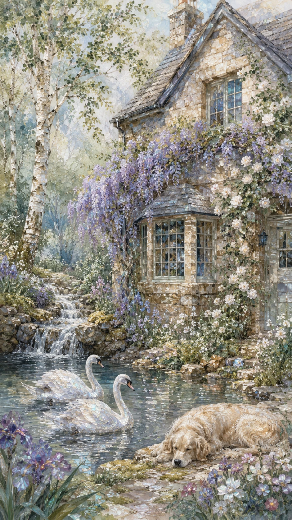 Primer plano de una casita de campo inglesa junto a un estanque con cisnes