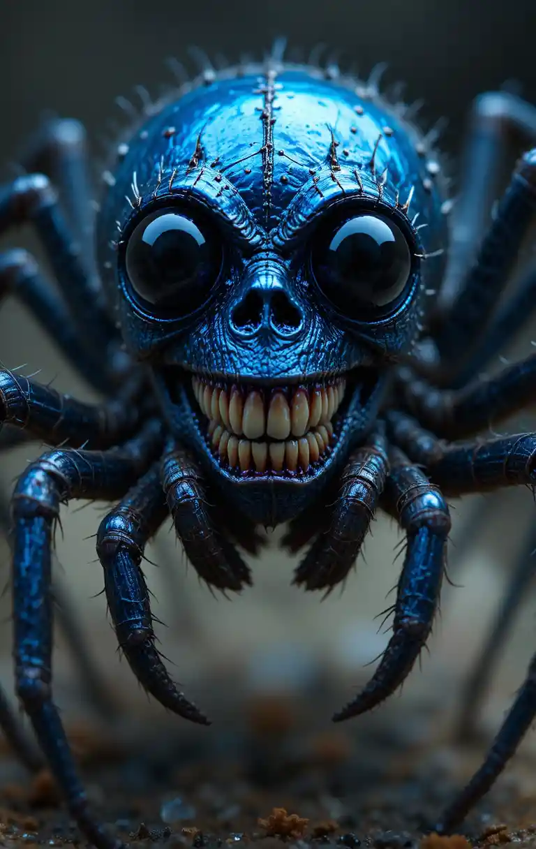 Mischievous dark blue cartoon spider with goofy grin