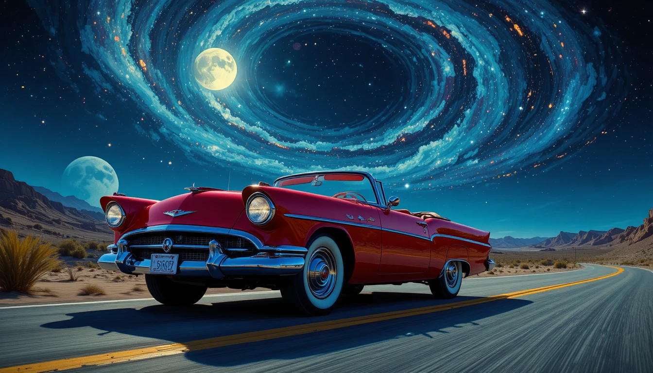 Cherry red 1950s convertible on a starlit desert highway