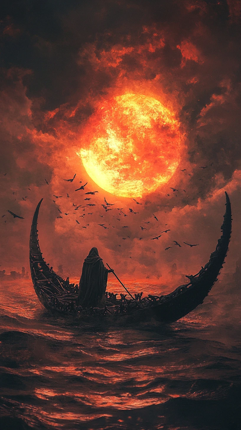 Cloaked Figure Sailing A Bone Vessel Across Fiery Sea