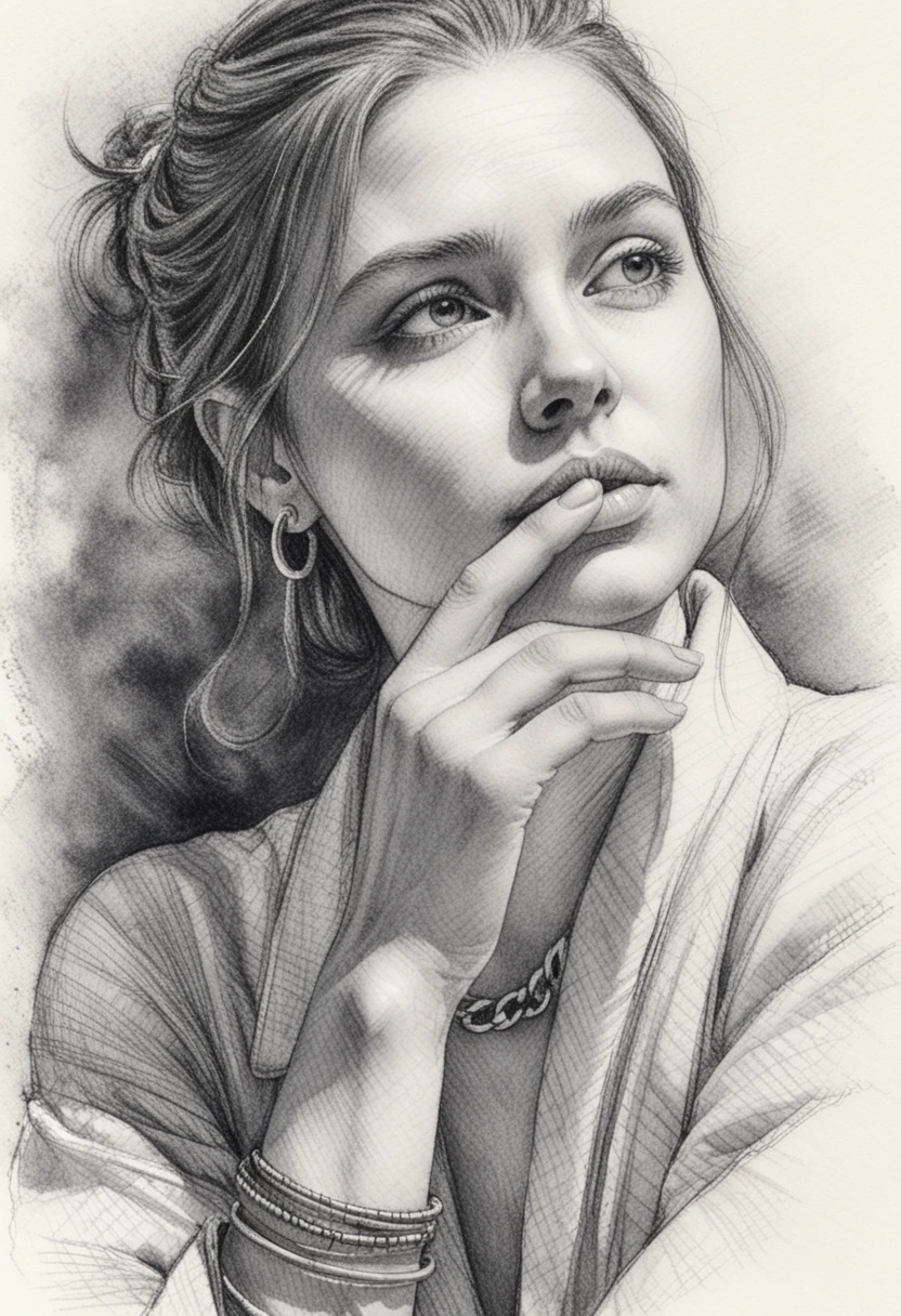 Thoughtful ink portrait of a woman with hand to her lips