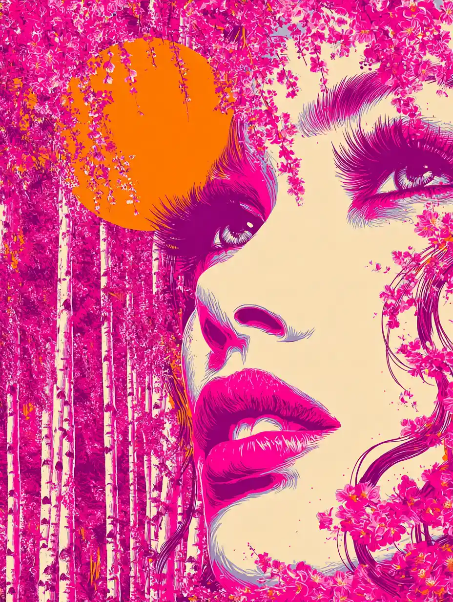 Surreal woman beneath cascading petals and a radiant sun