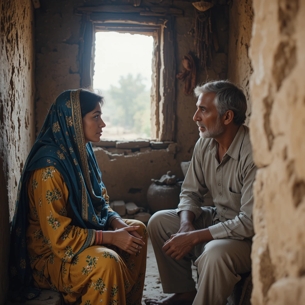 Pakistani village couple arguing in a rustic mud house