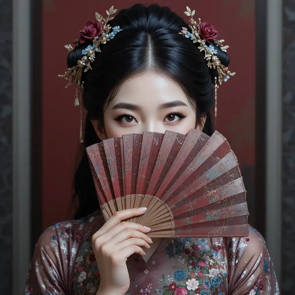 Elegant Asian girl with fan hiding half her painted face