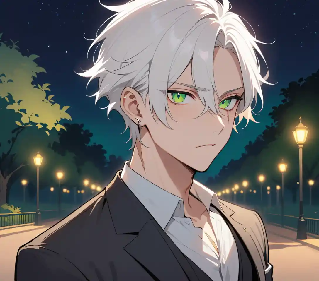 White haired man in a black suit standing in a night park