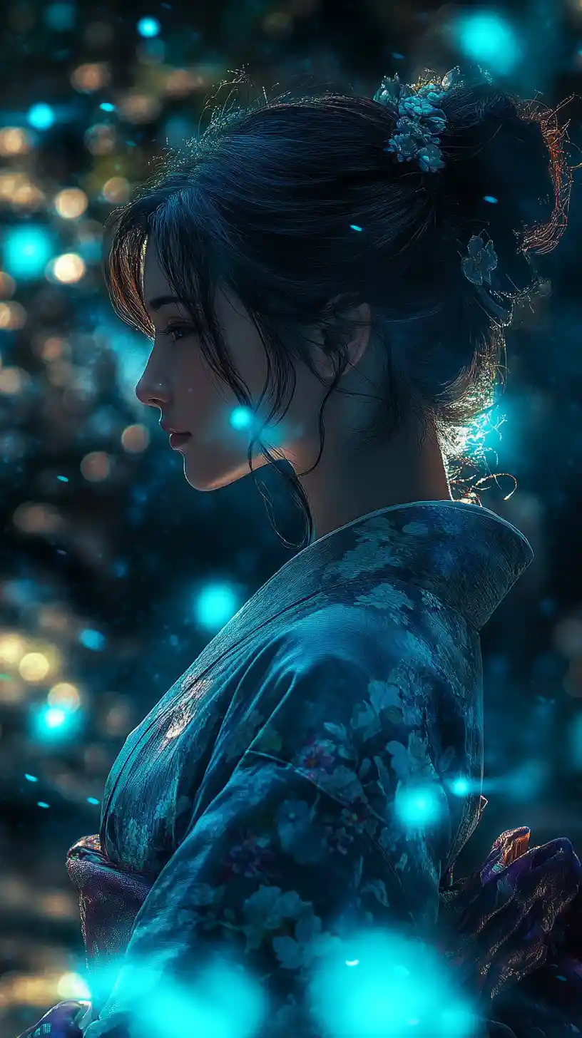 Anime girl in kimono in a glowing mystical forest
