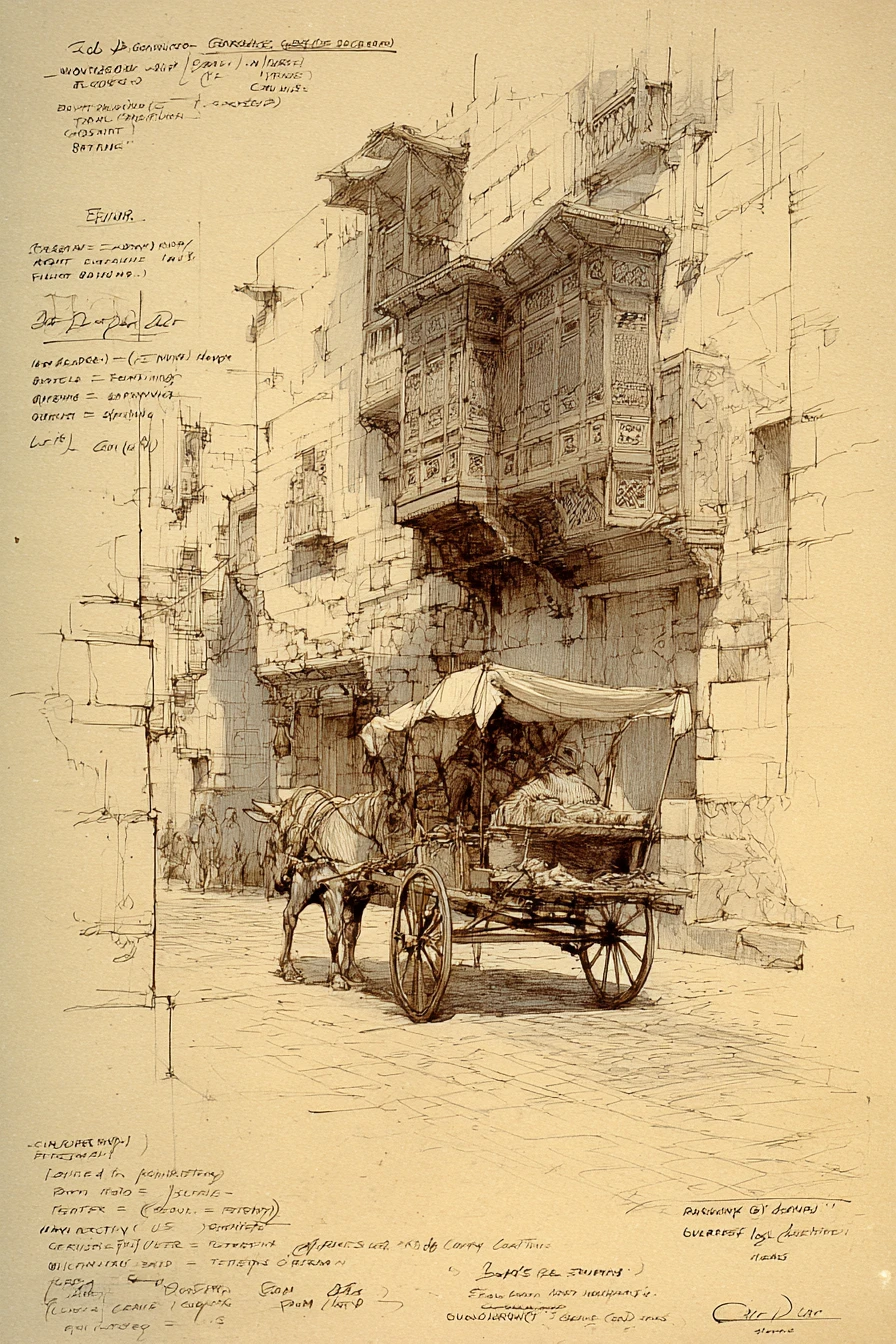 Schizzo architettonico di una vecchia strada del Cairo con minareto