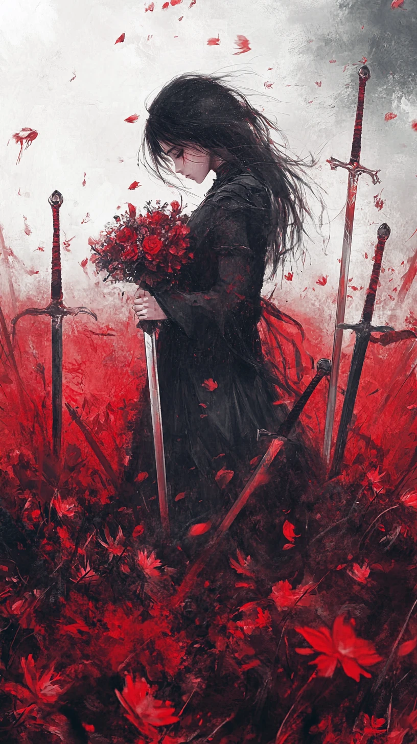Sad girl walking in a field of swords and red mist