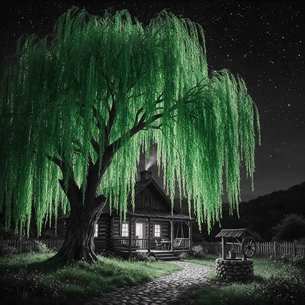 Moonlit log cabin beneath a weeping willow tree
