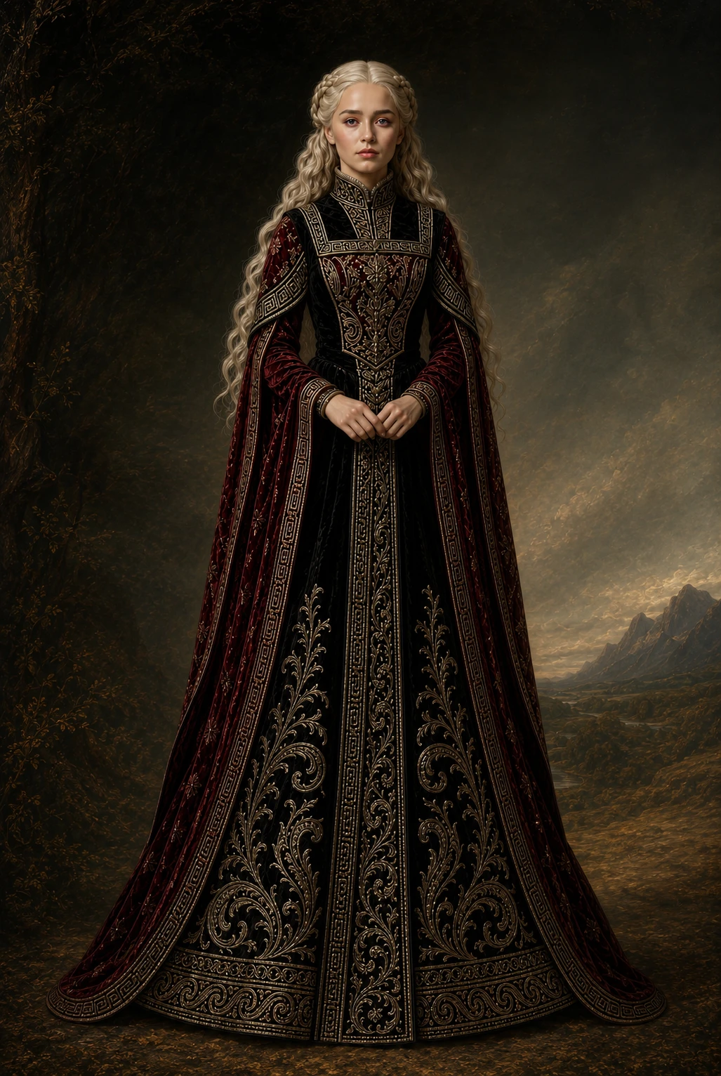 Symmetrical dress with mirrored skirt embroidery and visible hem
