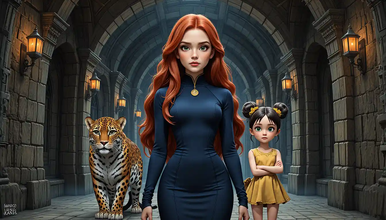 Red haired woman with leopard and girl in medieval hall