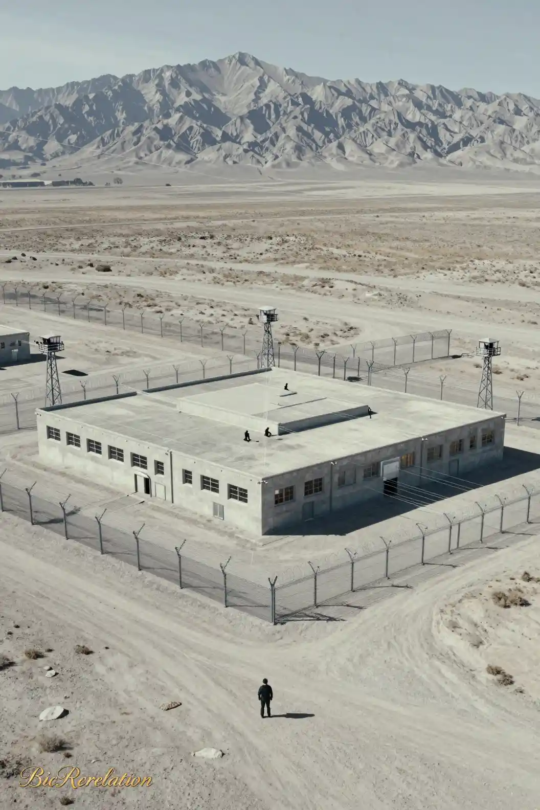 Aerial cinematic view of a remote desert prison complex
