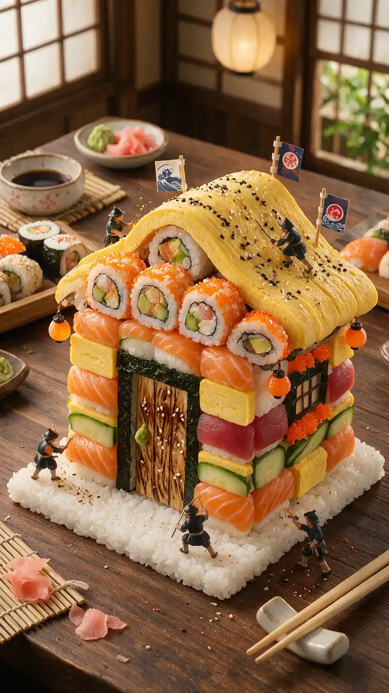 Whimsical sushi house arranged on a cozy dining table