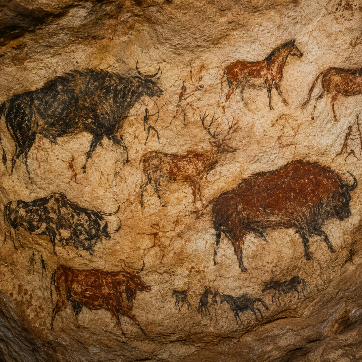 Antiche pitture rupestri di animali in un interno roccioso
