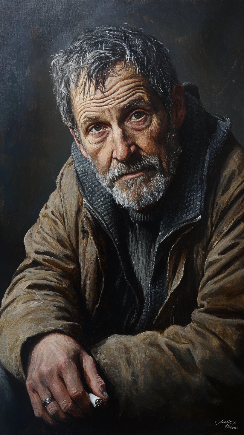 Weary old man with cigarette in dramatic painted portrait
