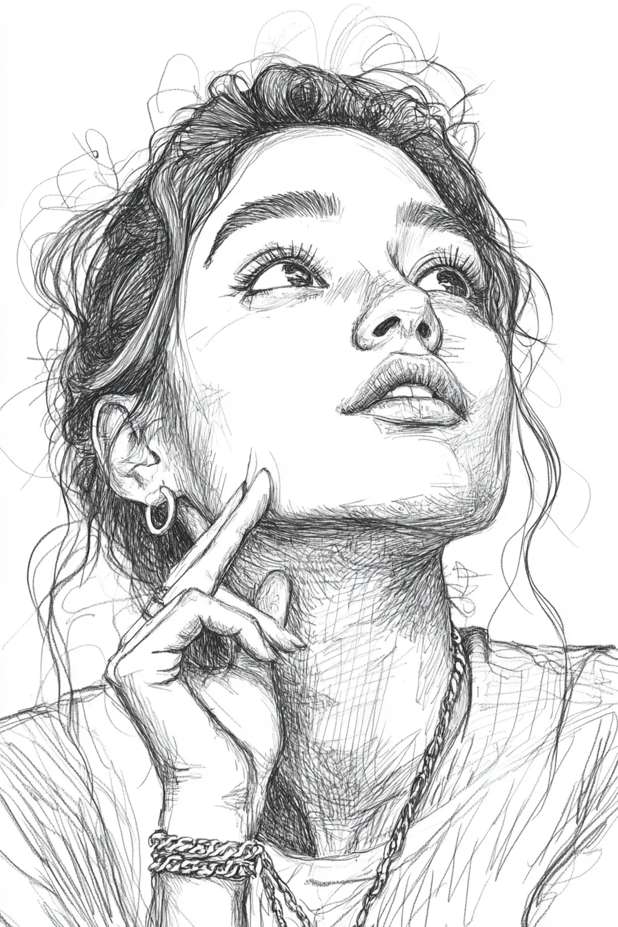 Ink portrait of a pensive girl with hand to her lips