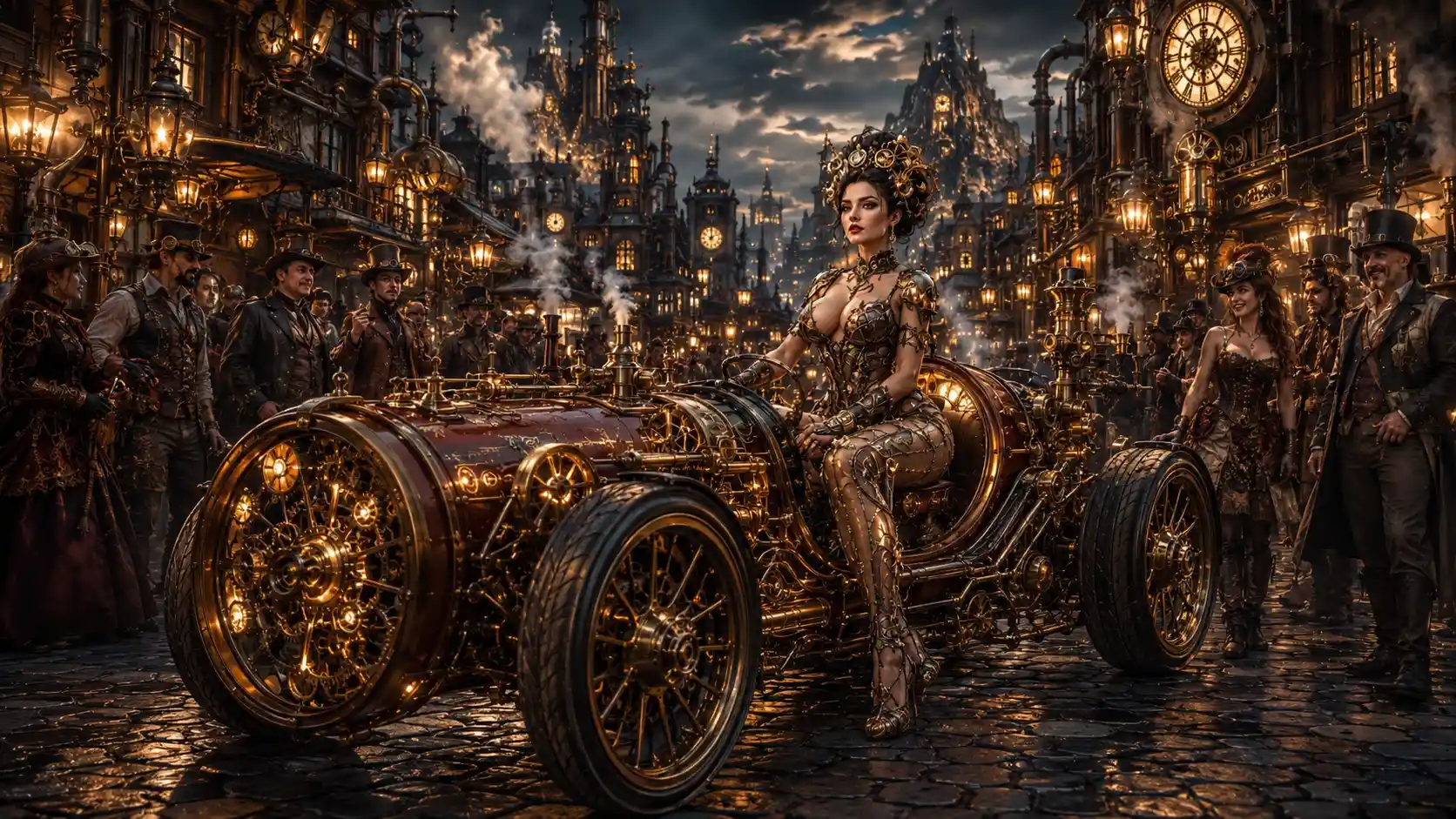 Steampunk woman driving ornate brass automobile at dusk