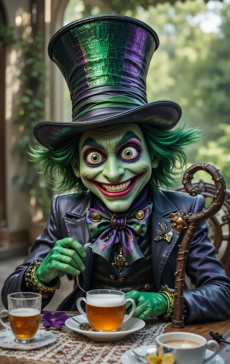 Whimsical mad hatter drinking tea at an outdoor table