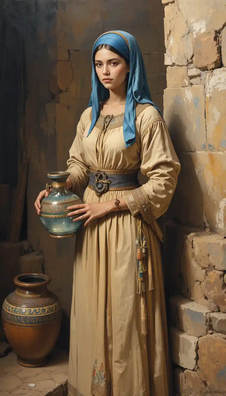 Egyptian woman offering water in a rustic painted interior