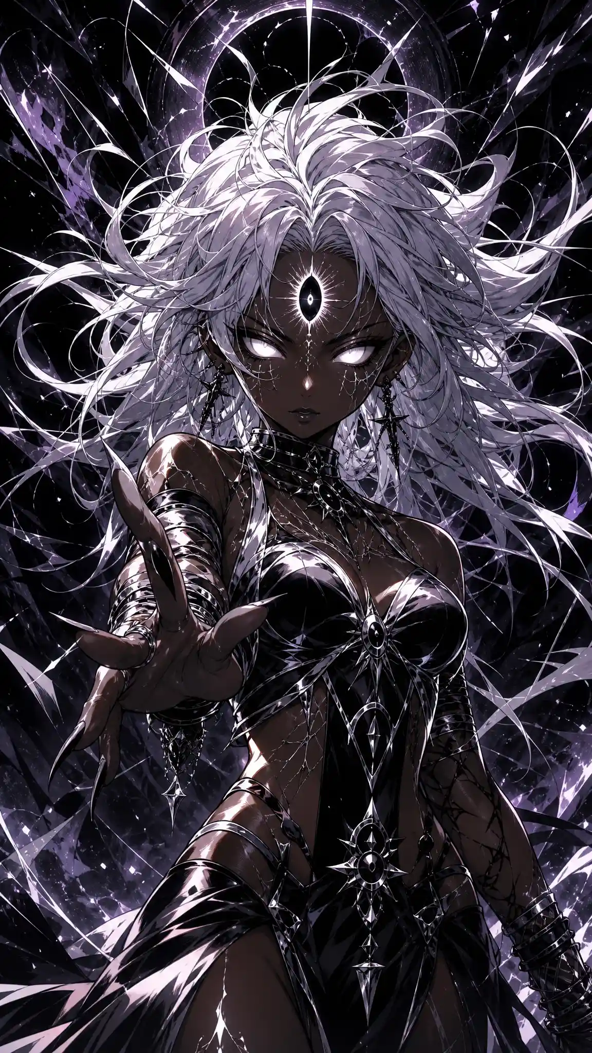 Mystical anime girl with glowing third eye and wild hair