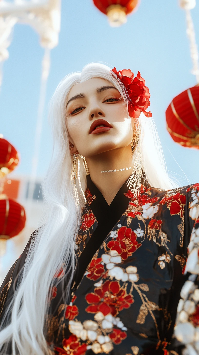 華麗なシルクローブをまとう幻想的な白髪の女性
