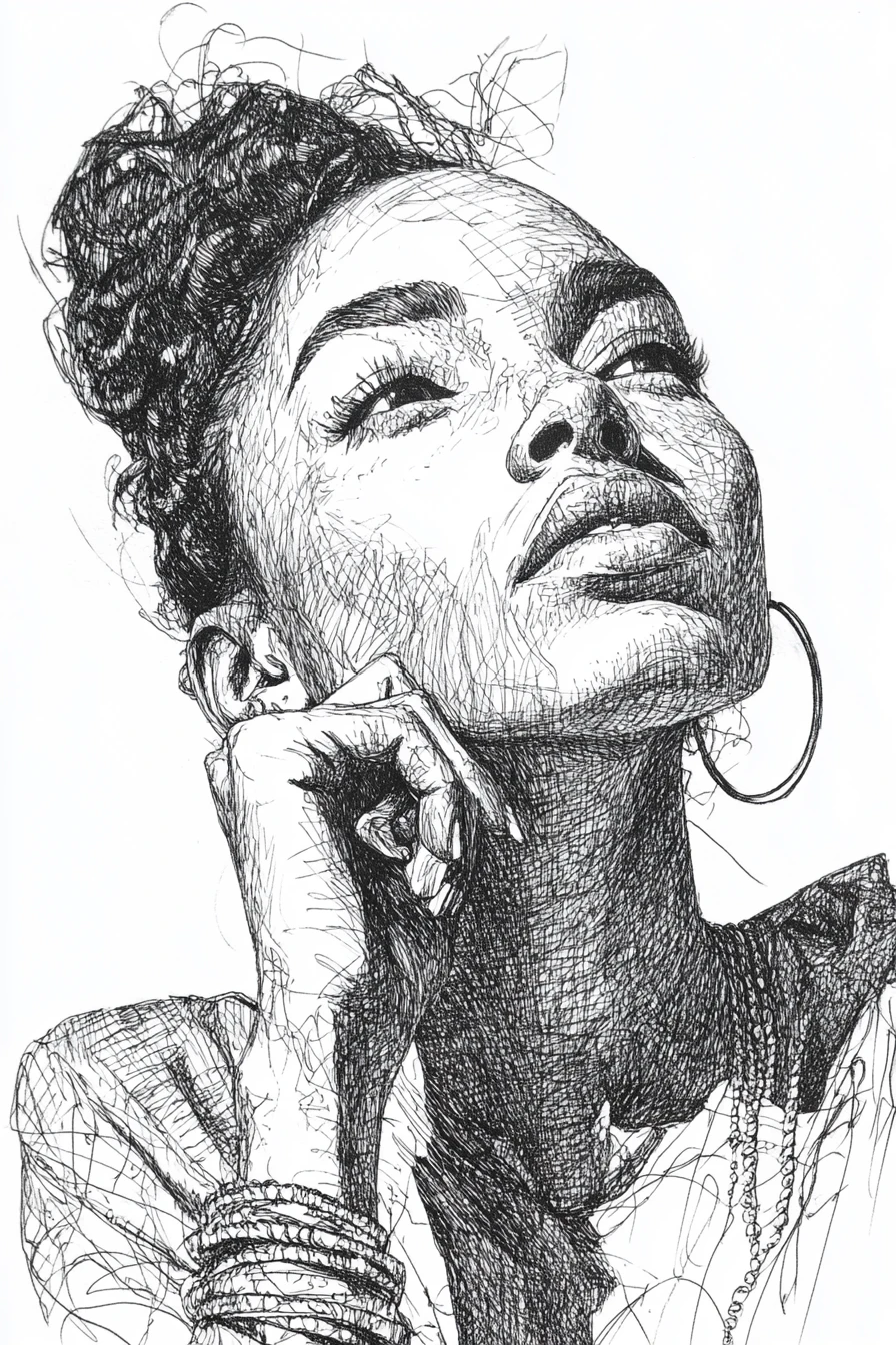 Ink portrait of a pensive girl with hand to her lips