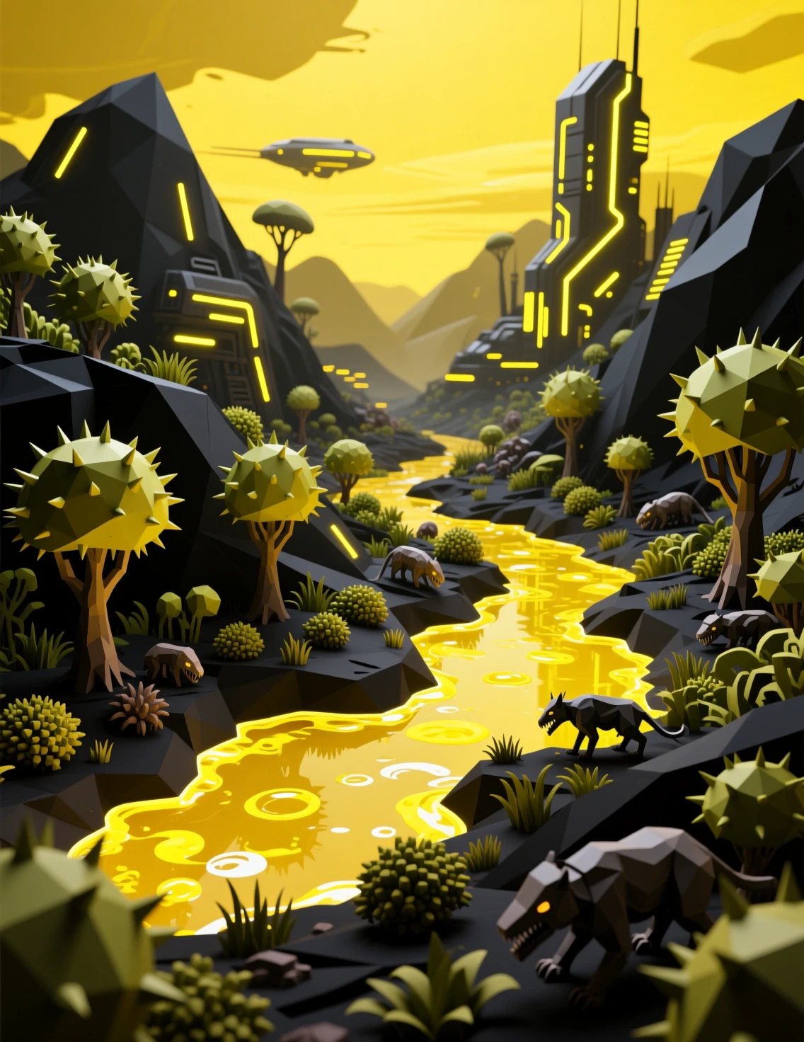 Futuristic alien valley with neon lights and sulfur lake