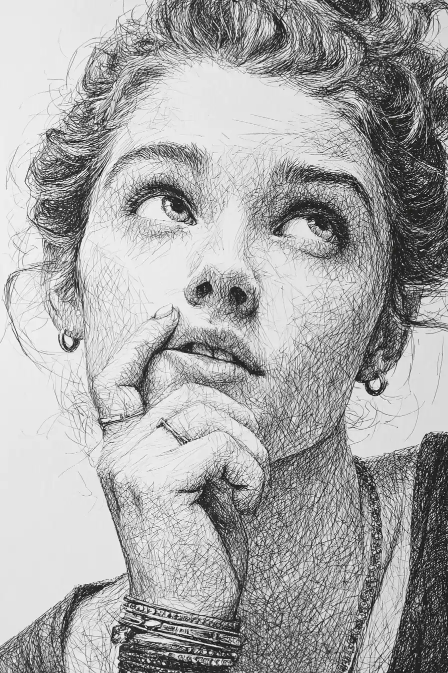 Ritratto di ragazza pensierosa in disegno espressivo a inchiostro