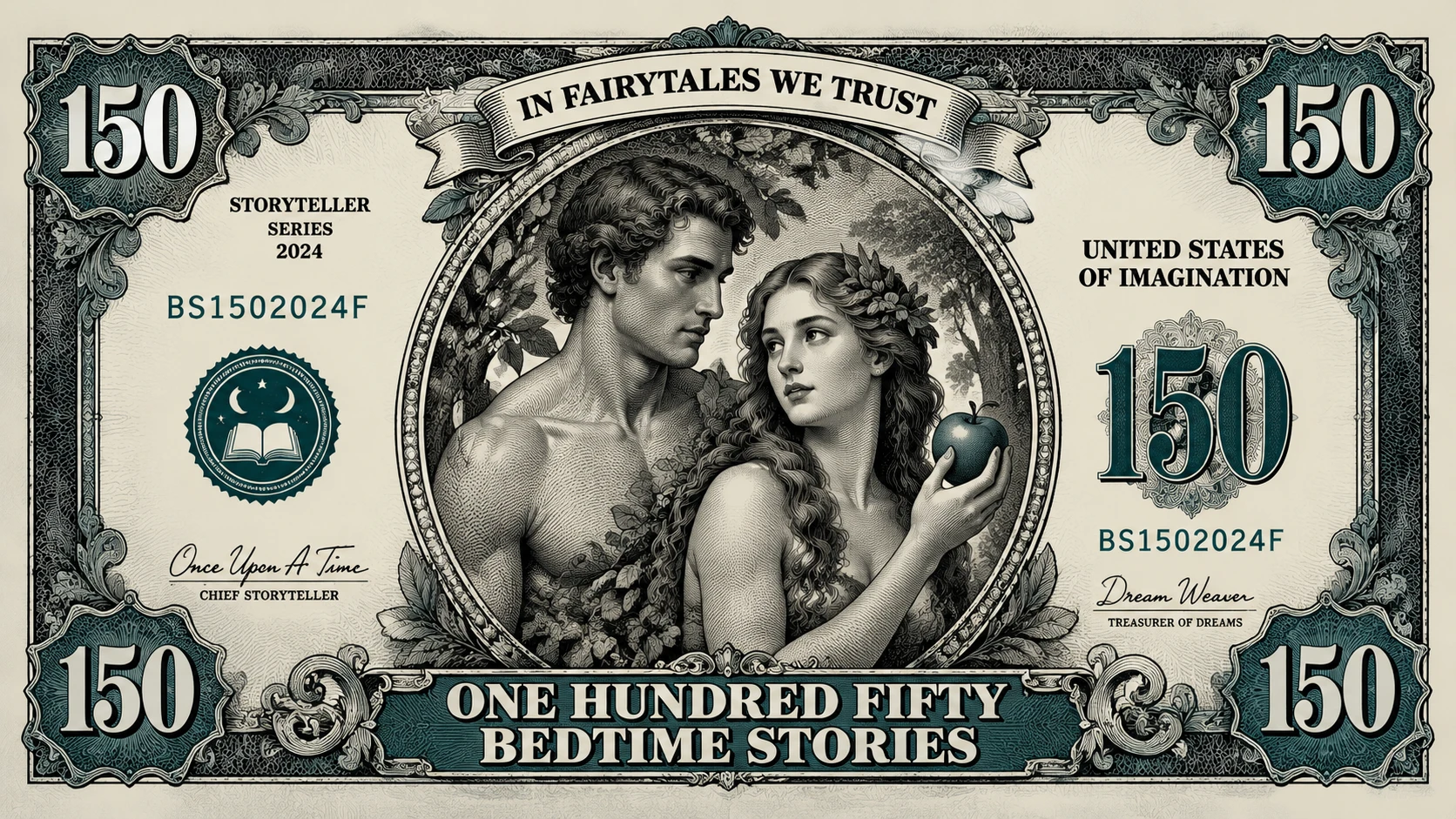 Banconota fantasy da 150 dollari con ritratto di Adamo ed Eva
