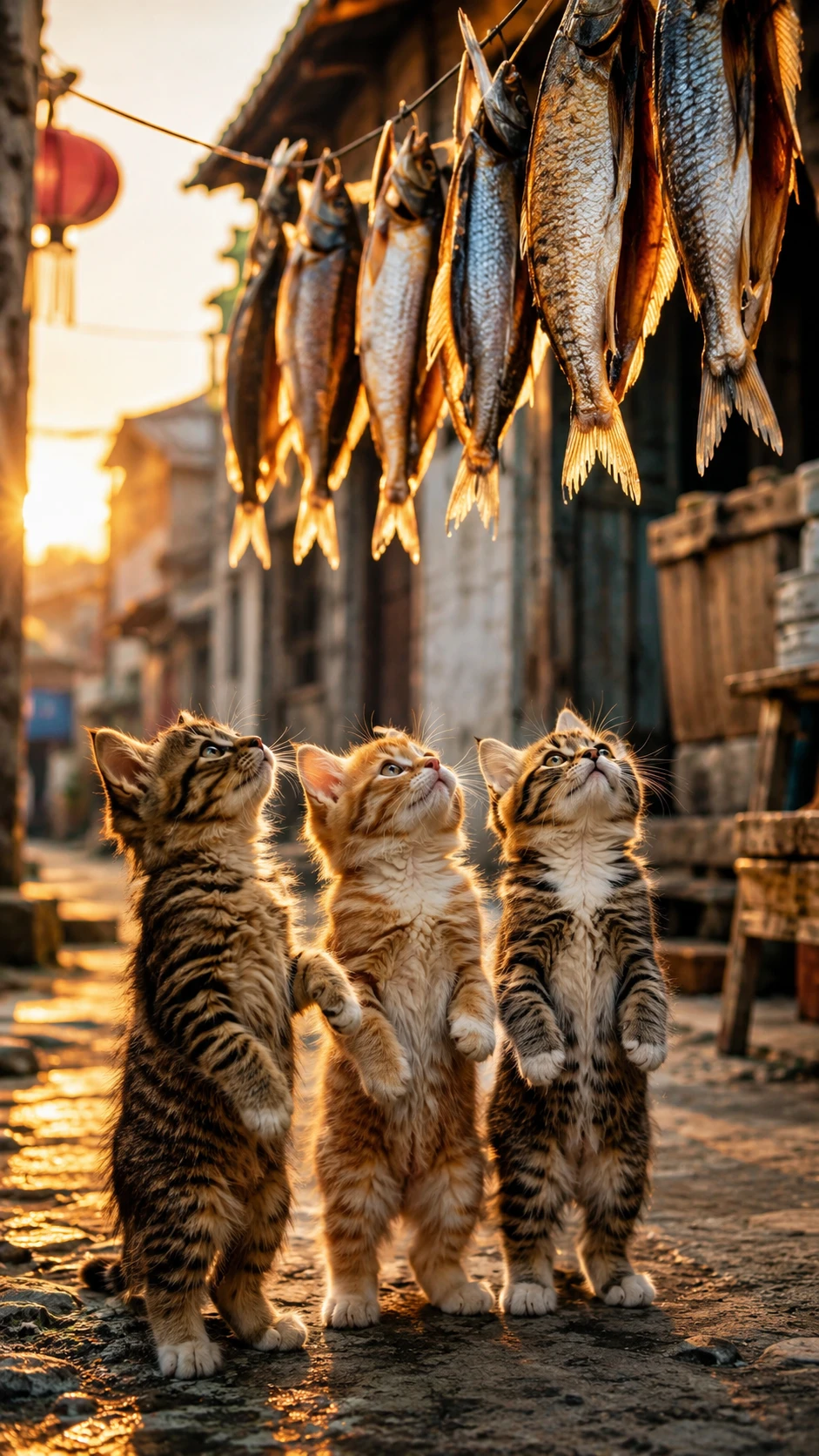 Gatitos curiosos observando pescado secándose en un callejón del pueblo