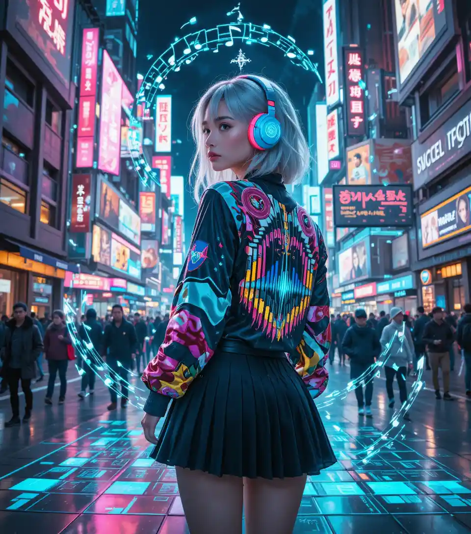 Neon city girl with holographic soundboard and headphones