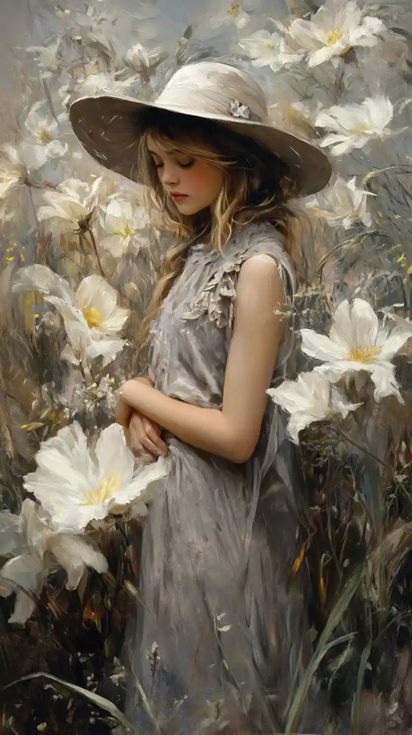 Young girl in grey dress among ethereal white flowers