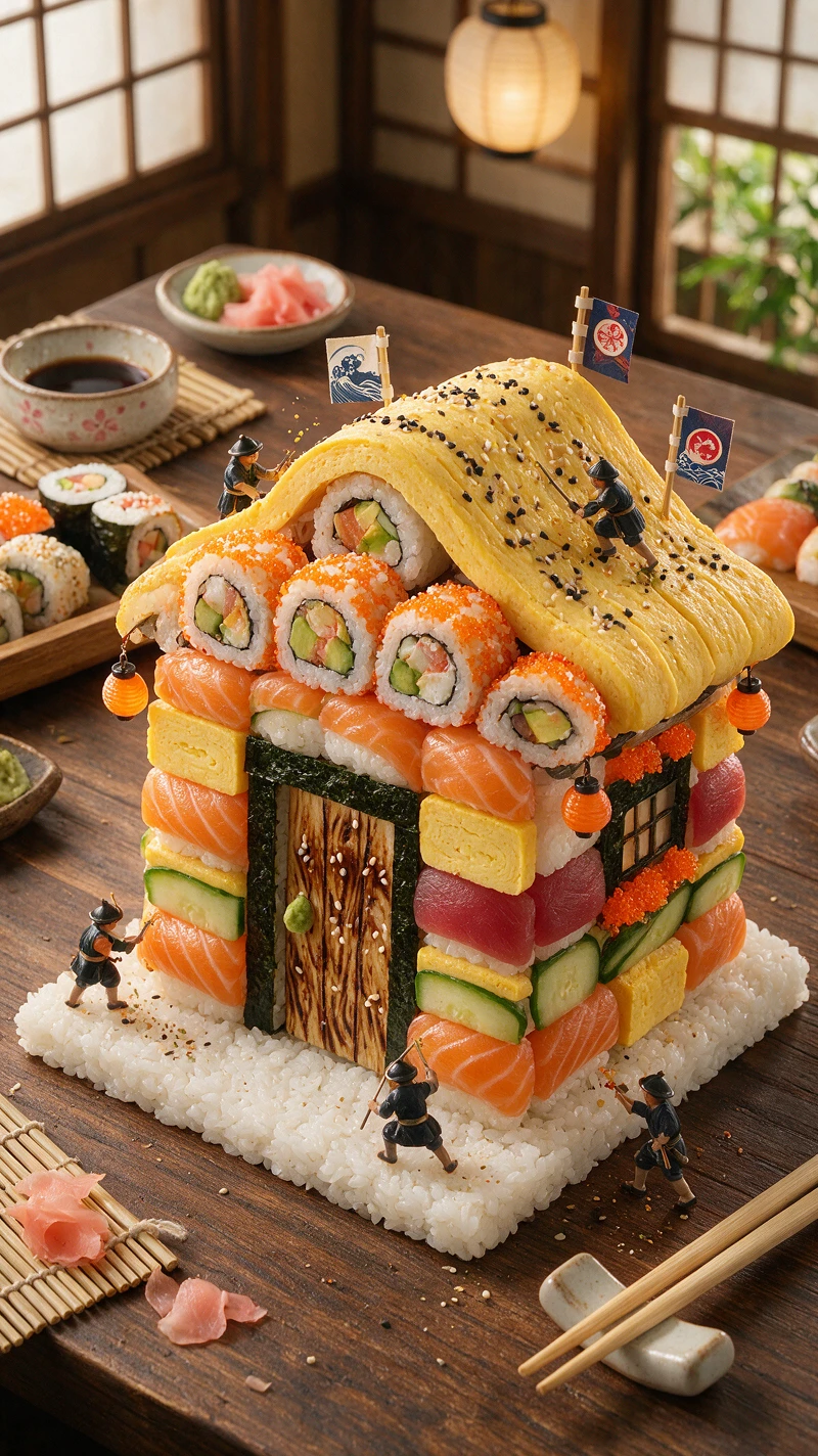 Whimsical sushi house arranged on a cozy dining table