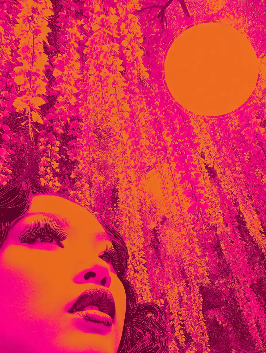 Surreal Woman Portrait With Falling Petals And Pink Sun