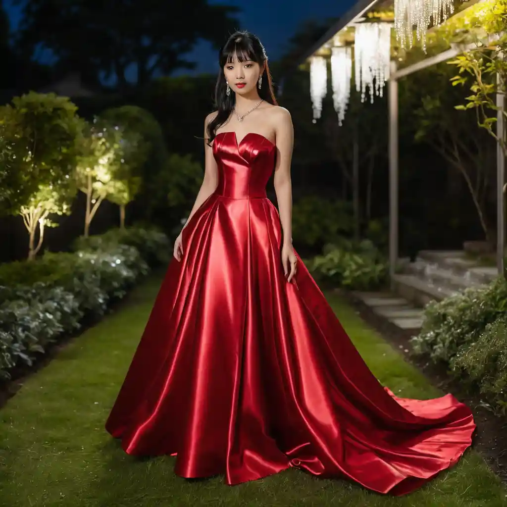 Young woman in red satin gown in a night garden
